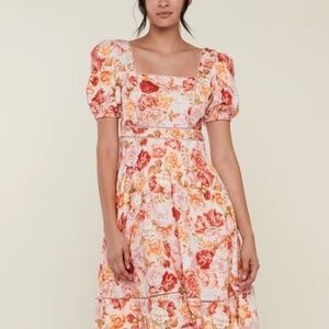 Rachel Parcell Floral Midi Dress in Pink and Orange. Puff Sleeve. Size 10